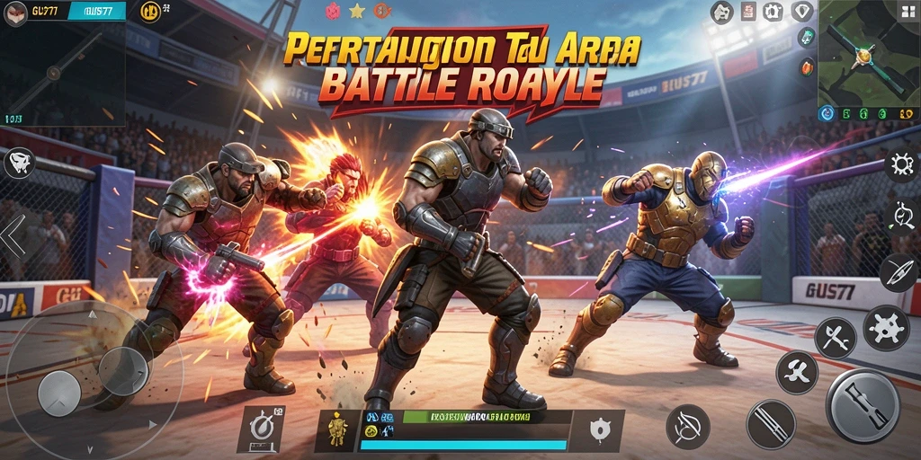 Screenshot gameplay GUS77 di arena Battle Royale yang menegangkan.