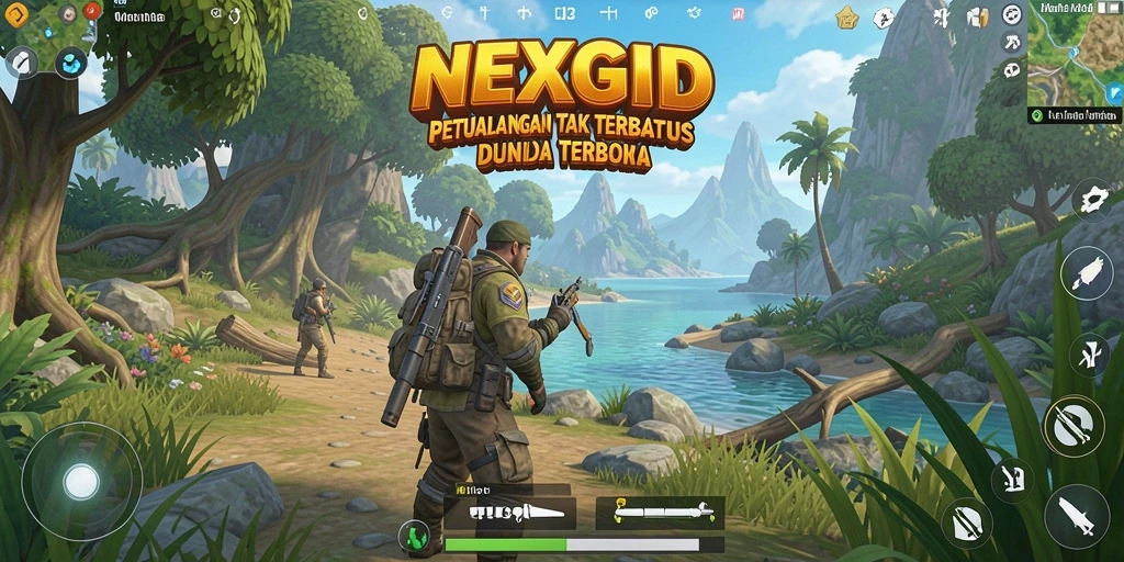 Tampilan gameplay NEXGID yang epik dalam dunia terbuka.