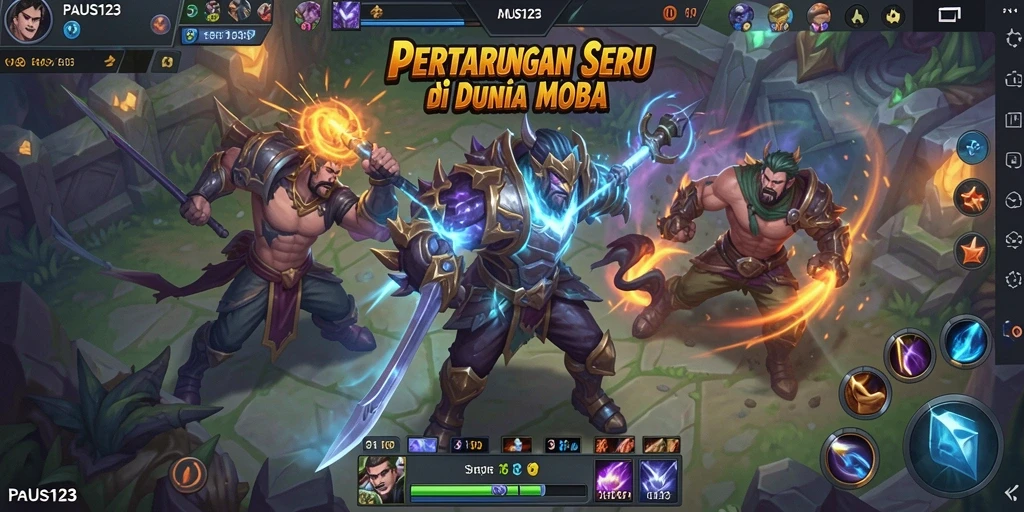 Gameplay MOBA yang seru dan penuh strategi.